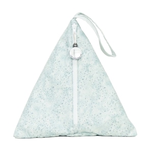 May include: A light blue triangular zippered pouch with a white zipper and a silver zipper pull. The pouch has a white strap and a white and light blue speckled pattern.