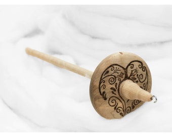 Scrollwork Heart - Llampetia Hand-Turned Maple Wood Drop Spindle Heavyweight - Top Whorl 45 Grams