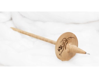 Rose Stencil - Lleto Hand-Turned Maple Wood Pyrograph Drop Spindle Medium / Top Whorl 29 Grams