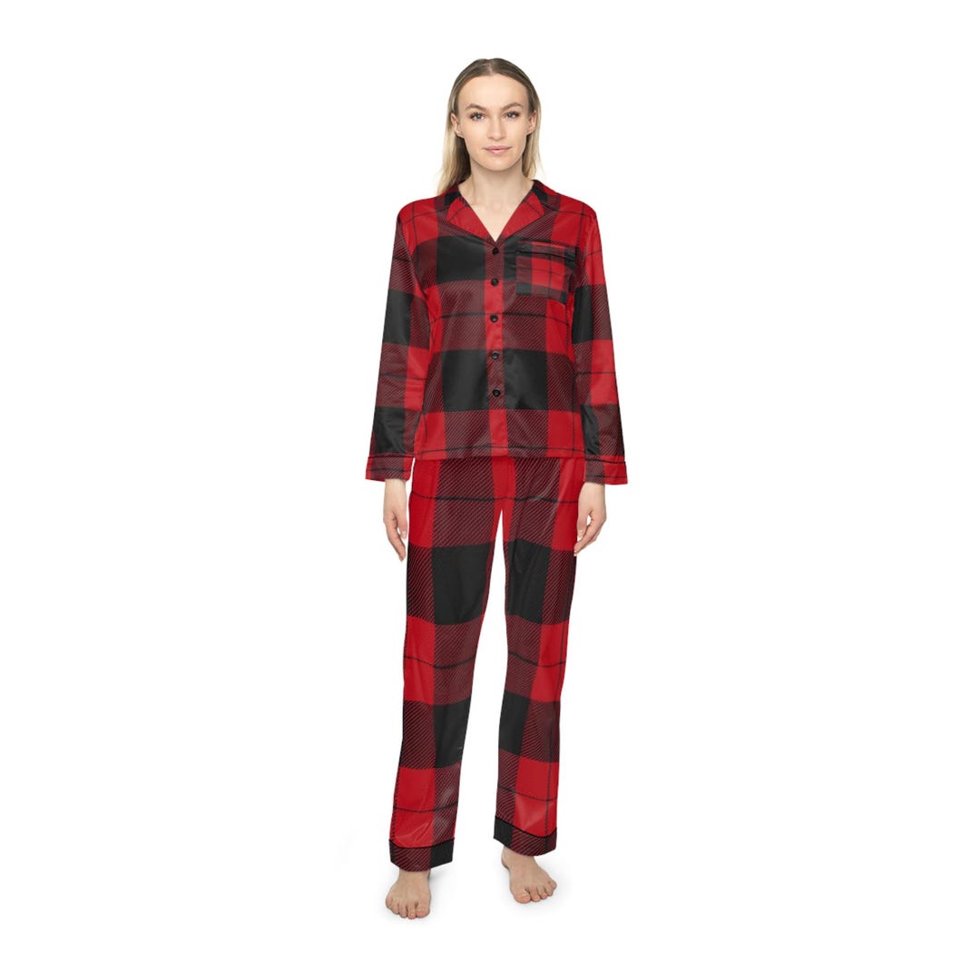 Plaid Tartan Pajama Set for Women, Classic Red and Black Satin ...