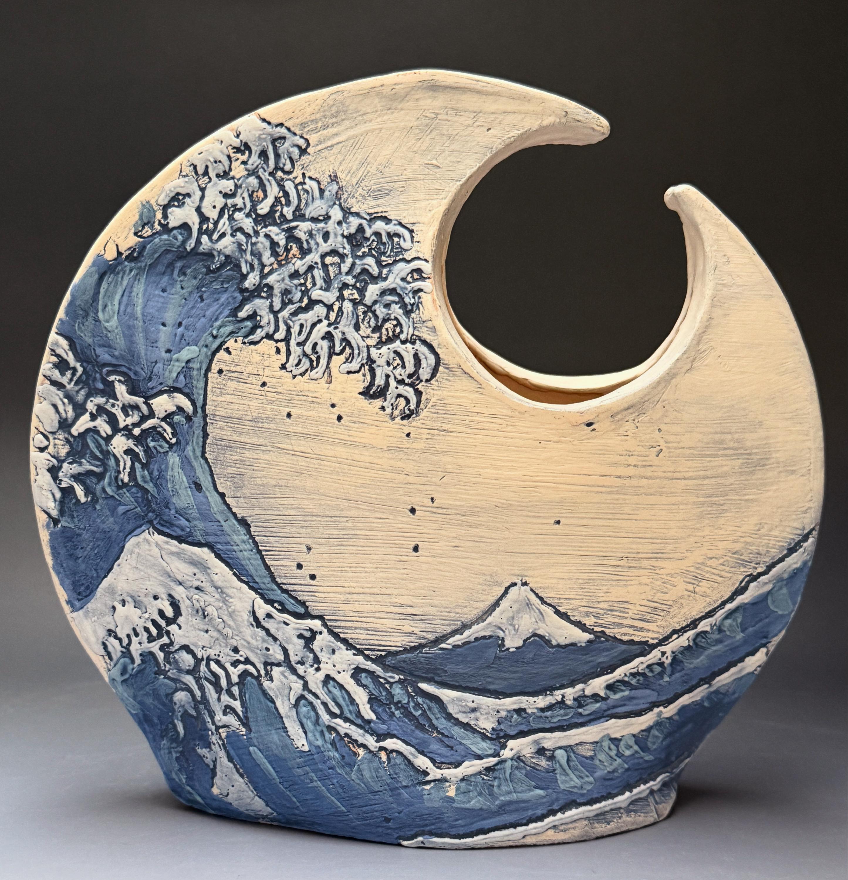 Handmade Crescent Moon Vessel Hokusai Inspired Great Wave Ceramic