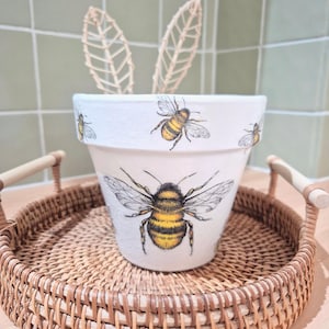May include: A white ceramic plant pot adorned with detailed bee illustrations. The pot rests on a round, woven tray with handles. Decorative twig accents are placed inside the pot. A charming addition to any home.