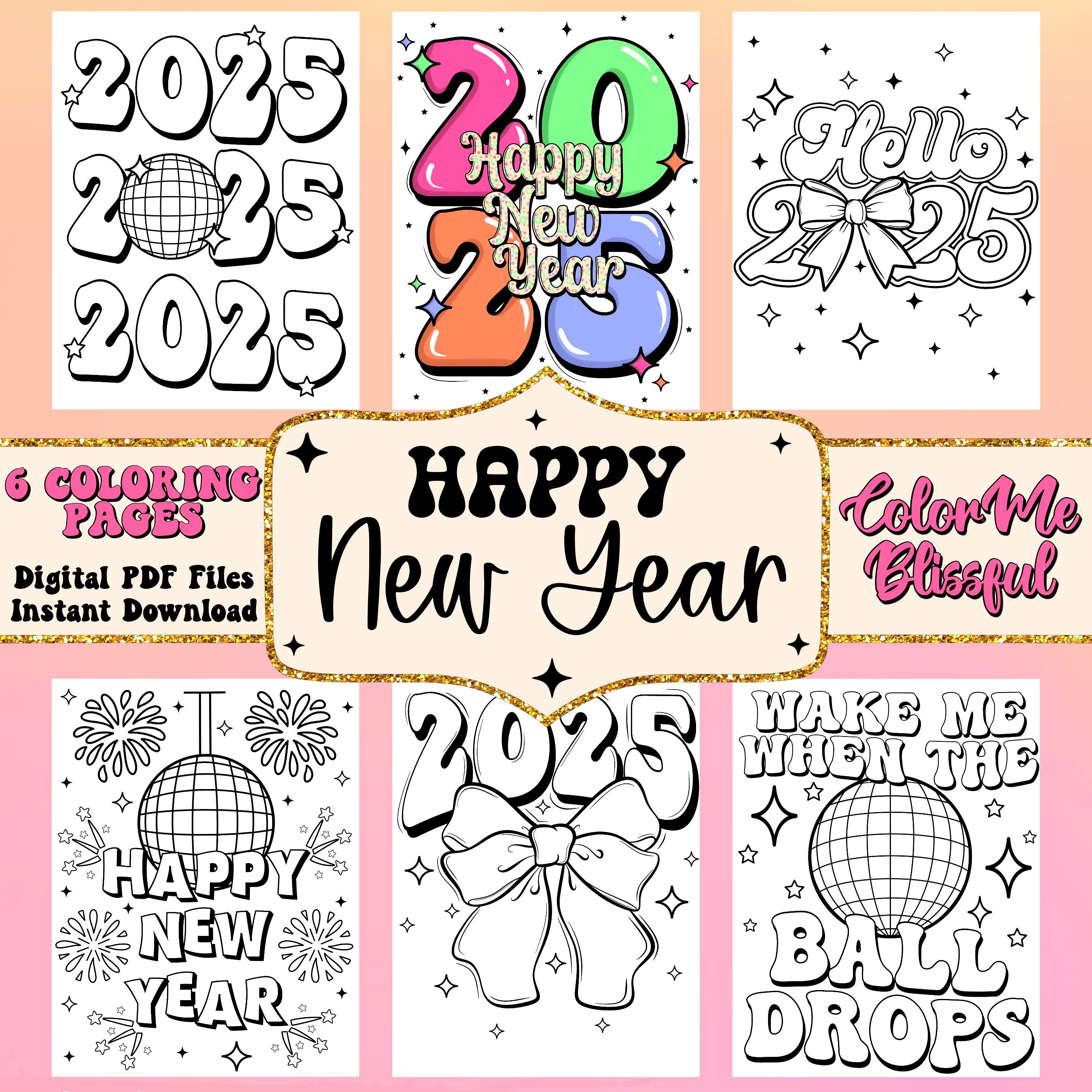Cute and bold Happy New Year 2025 coloring pages, digital coloring pages, adult coloring pdf, download and print cute and cozy coloring