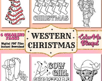 Western Christmas coloring pages, digital coloring pages, cute coloring pages for print, relaxation coloring, adult coloring pages download