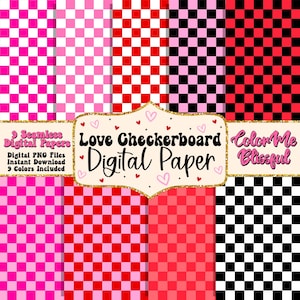 May include: Nine digital paper designs featuring a checkerboard pattern in various colours, including pink, red, black, and white. The text "Love Checkerboard Digital Paper" is displayed in a gold banner with hearts.