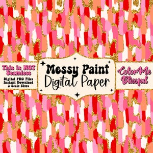 Puede incluir: Papel digital con un diseño abstracto vibrante. El patrón presenta pinceladas verticales en tonos de rosa, rojo y blanco, acentuadas con purpurina dorada. El texto "Messy Paint Digital Paper" se muestra en una fuente decorativa.