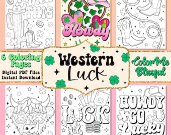 Western luck coloring pages, digital coloring pages, cute coloring pages for print, relaxation coloring, adult coloring, girlie coloring pdf