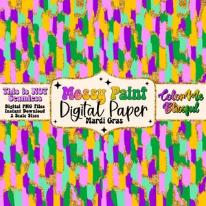 Puede incluir: Un diseño de papel digital con un patrón de pintura desordenado en los colores del Mardi Gras: morado, verde, dorado y rosa. El diseño no es sin costuras y viene en dos tamaños de escala. El texto "Messy Paint Digital Paper Mardi Gras" está incluido en el diseño.