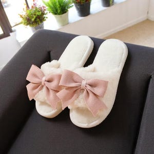 Bow Cotton Slippers: Fluffy Cozy Indoor Shoes