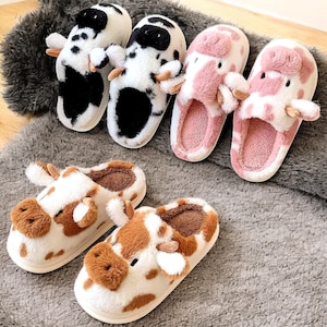 Dames Winter Warme Koe Slippers – Schattige Cartoon Pluche Pantoffels voor Binnen, Knusse Warme Huissloffen.