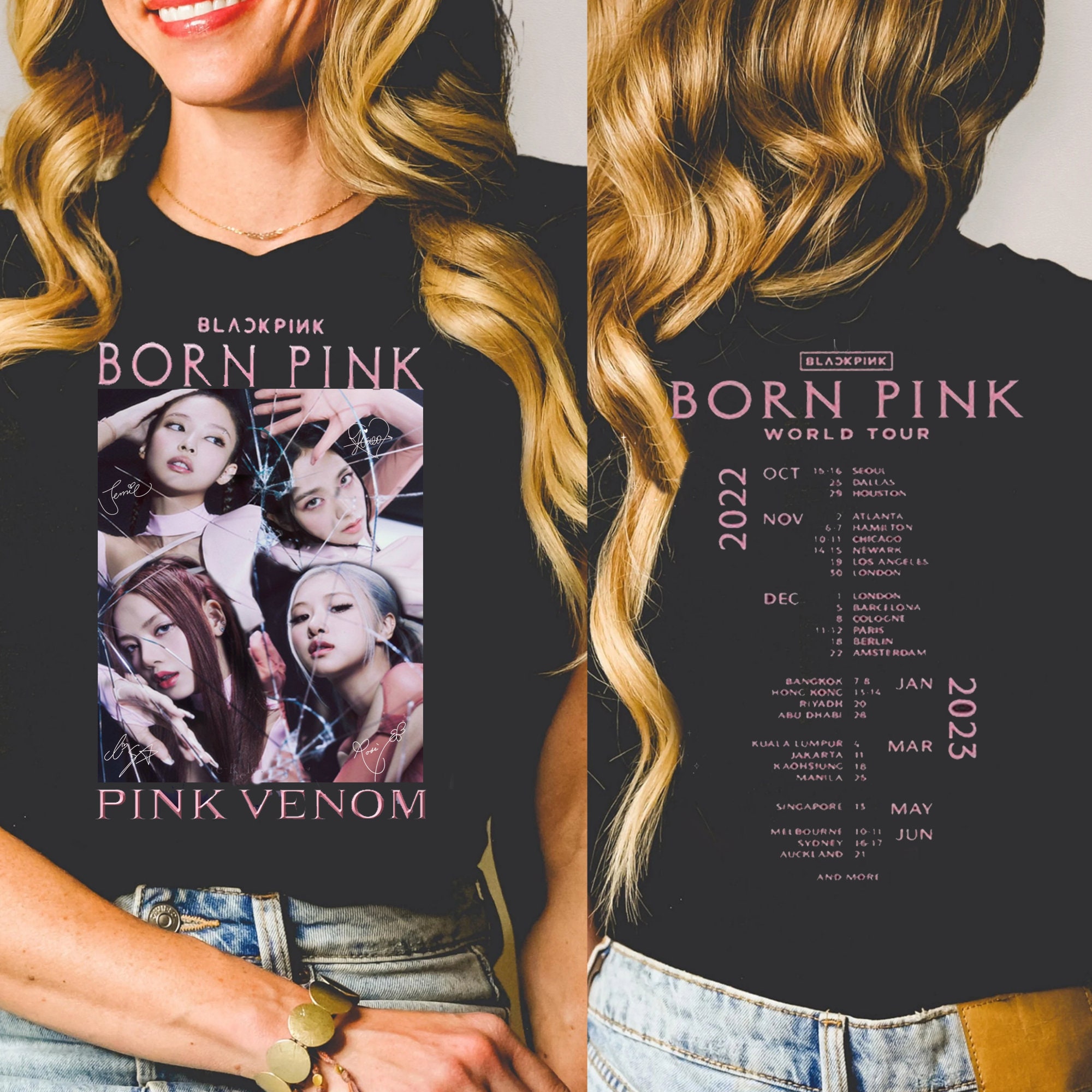 Discover Camiseta de Doble Cara Black Pink Born Pink World Tour 2022 2023 Álbum Pink Venom para Hombre Mujer