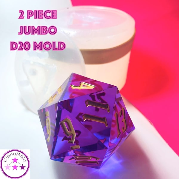 2 pièces JUMBO D20 Dungeons and Dragons Gamer Dice / Die Split Mold avec couvercle Caoutchouc de silicone; Sharp 55 mm