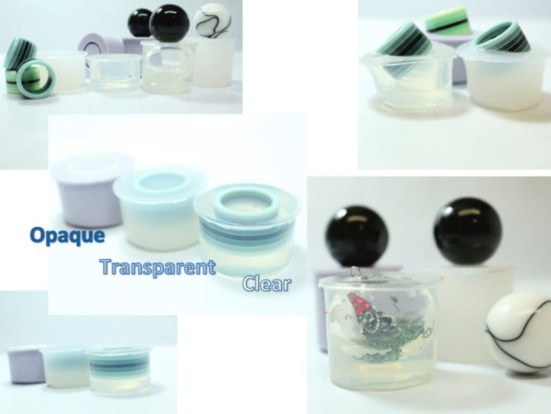 May include: A set of silicone moulds for making resin crafts. The moulds are available in opaque, transparent, and clear finishes. The moulds are shown with various resin creations, including spheres, rings, and a small figurine.