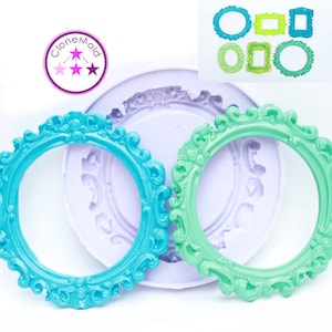 May include: Ornate frame molds in shades of blue and green, with a detailed design. The image shows a silicone mold and several finished frames in oval, rectangular, and circular shapes. The "CloneMold" logo is also visible.