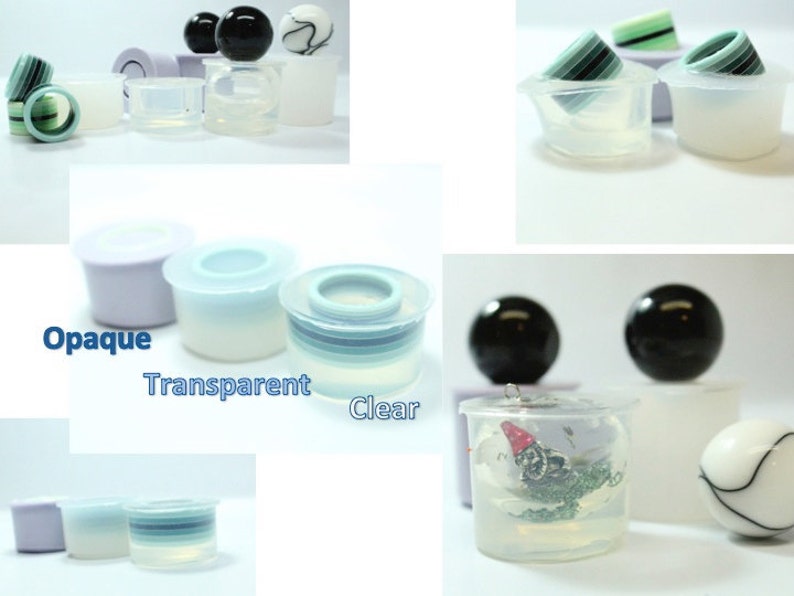 May include: A collection of small, clear, and opaque resin containers with various designs. Some containers have striped patterns in shades of green and blue. The image also shows black and white decorative spheres. The text on the image reads "Opaque, Transparent, Clear."
