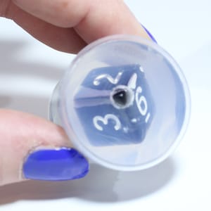 May include: A blue six-sided die with white numbers 2, 3, 5, and 6 visible. The die is inside a clear plastic container.