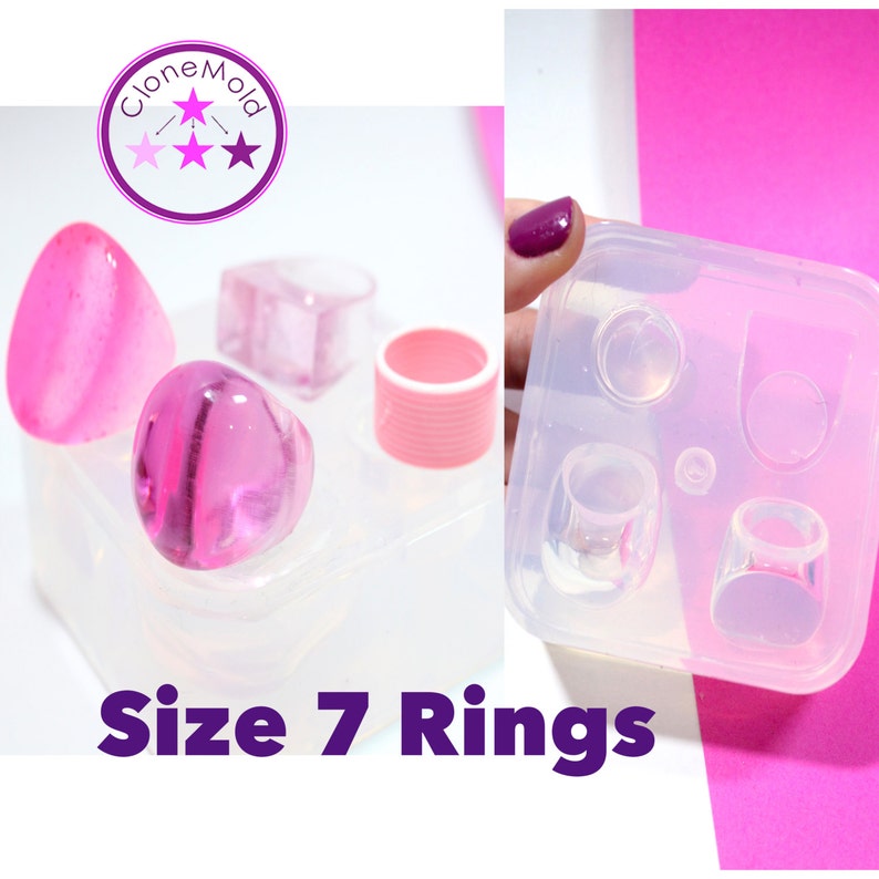 May include: A clear silicone mold for making size 7 rings. The mold has four cavities, including a round, oval, and two square shapes. The mold is shown with pink resin rings.