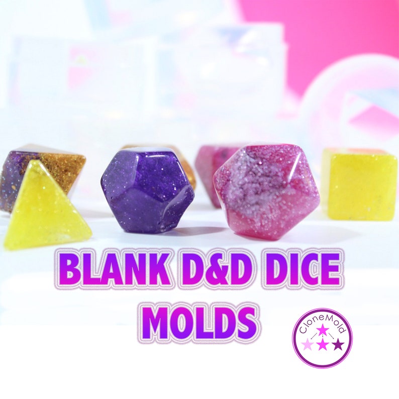May include: A set of blank D&D dice molds. The molds are made of clear silicone and are designed to create dice with a variety of shapes and sizes. The dice are shown in different colors, including purple, pink, and yellow.