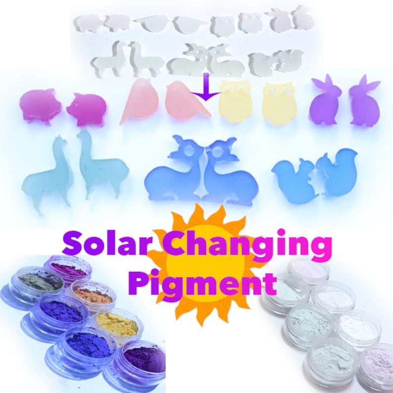 May include: An assortment of animal-shaped molds and solar-changing pigment powders. The molds include pigs, birds, owls, bunnies, llamas, deer, and squirrels. The text "Solar Changing Pigment" is displayed in purple.