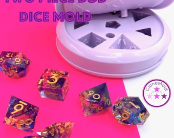 Two Piece Dungeons and Dragons Gamer Dice / Die Mold, Sharp Edge Dice, Silicone Rubber; D4, D6, D8, D10, D12, D20, D100