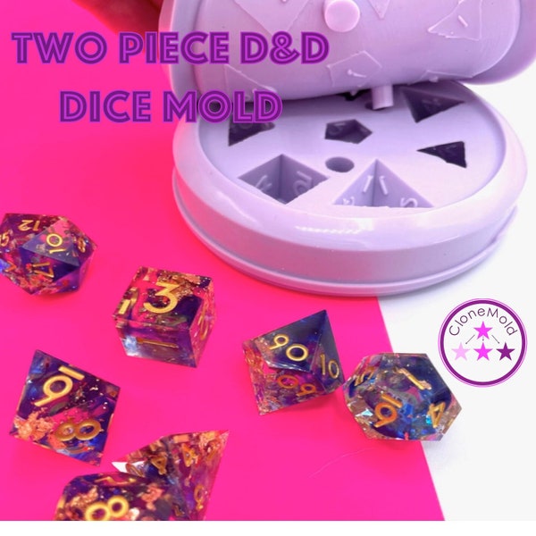 Two Piece Dungeons and Dragons Gamer Dice / Die Mold, Sharp Edge Dice, Silicone Rubber; D4, D6, D8, D10, D12, D20, D100