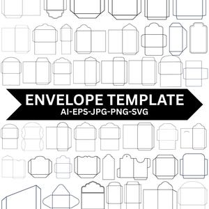 May include: A selection of envelope templates in outline format. The image shows diverse shapes and sizes, with the text "ENVELOPE TEMPLATE" and file type details in a black banner.