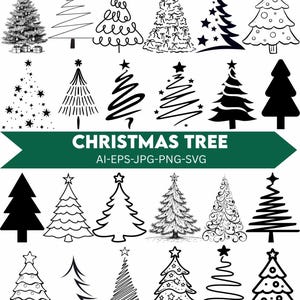 May include: A collection of black and white Christmas tree illustrations in various styles. The image includes detailed, sketched trees, minimalist line drawings, and solid silhouettes. Text reads "CHRISTMAS TREE" and file type options.