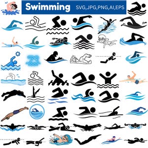 May include: A selection of swimming-themed graphics and icons. The image features illustrations of swimmers in various strokes, with the word "Swimming" in a blue banner at the top. Formats include SVG, JPG, PNG, AI, and EPS.