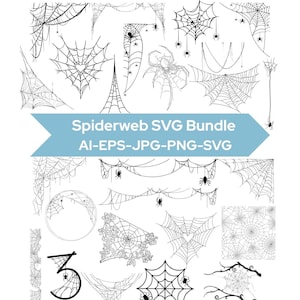 Könnte beinhalten: Eine Sammlung von schwarz-weißen Spinnennetz-Designs in verschiedenen Formen und Größen. Einige Netze haben Spinnen, und der Text "Spiderweb SVG Bundle" ist auf einem blauen Banner zu sehen. Formate: AI, EPS, JPG, PNG und SVG.