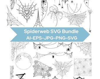 Puede incluir: Colección de diseños de telarañas en blanco y negro, con diversas formas y tamaños. Algunas telarañas tienen arañas, y el texto "Spiderweb SVG Bundle" aparece en una pancarta azul. Formatos: AI, EPS, JPG, PNG y SVG.