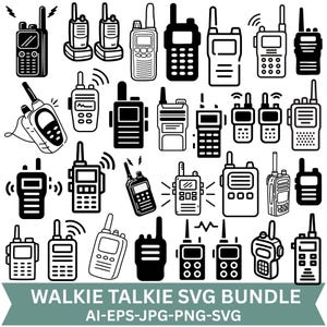 May include: A collection of black and white walkie-talkie icons in various styles, including solid silhouettes and line art designs. The image features the text WALKIE TALKIE SVG BUNDLE AI-EPS-JPG-PNG-SVG at the bottom.