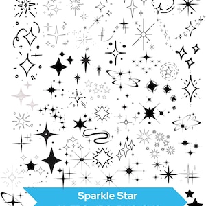 Può includere: Una collezione di vari disegni di stelle scintillanti in bianco e nero. L'immagine include stelle di diverse forme e dimensioni, con un banner blu in basso che recita "Sparkle Star" e opzioni di tipo di file.