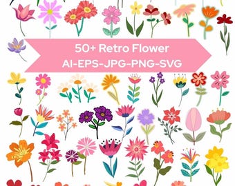 Retro Flowers Svg,Flower Clipart, Daisy Flower Cut File,Boho Flower Svg,Boho Daisy Clipart (Instant Download)