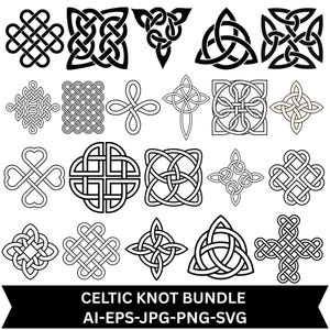 May include: A collection of twenty black and white Celtic knot designs arranged in a grid, featuring various geometric and interlaced patterns. At the bottom, a black banner displays the white text: CELTIC KNOT BUNDLE AI-EPS-JPG-PNG-SVG.
