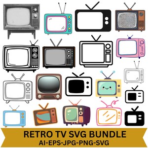 May include: A collection of various retro television illustrations in different styles, colors, and line weights, including black and white, pastel, and solid designs. The text at the bottom reads RETRO TV SVG BUNDLE AI-EPS-JPG-PNG-SVG.