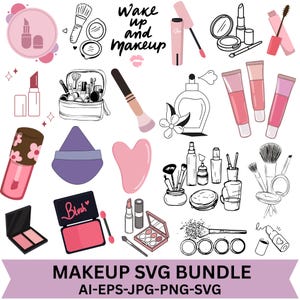 May include: A digital collection of makeup-themed illustrations featuring lipsticks, brushes, compacts, perfume, and a gua sha tool. The text "Wake up and makeup" and "Blush" are included alongside various cosmetic icons in pink, purple, and black line art.