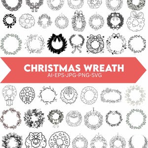 May include: Collection of Christmas wreath designs in black and white. The wreaths vary in style, featuring bows, bells, and floral elements. The text "CHRISTMAS WREATH" is displayed on a red banner, along with file type indicators.