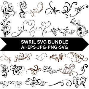 Peut inclure: Une collection de motifs décoratifs en forme de volutes et de fioritures noirs et marron foncé disposés en rangées. Une bannière horizontale noire centrale affiche le texte blanc SWIRL SVG BUNDLE AI-EPS-JPG-PNG-SVG. Les graphiques sont composés de lignes calligraphiques.