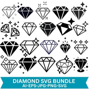 Könnte beinhalten: Eine Sammlung von zwanzig schwarz-weißen Diamant-Symbolen in verschiedenen Stilen, darunter ausgefüllte Silhouetten und Umrissformen, teilweise mit kleinen Sternchen akzentuiert. Ein türkisfarbenes Banner unten zeigt den Text DIAMOND SVG BUNDLE AI-EPS-JPG-PNG-SVG.
