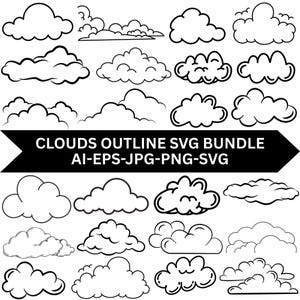 Op de afbeelding: Een verzameling van diverse zwart-witte wolkenillustraties met afgeronde contouren. Een zwarte horizontale banner in het midden bevat de witte tekst CLOUDS OUTLINE SVG BUNDLE AI-EPS-JPG-PNG-SVG, wat duidt op een digitale bestandsset.