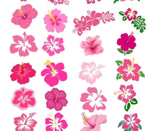 May include: A collection of pink hibiscus flower designs in various shades, with yellow stamens and green leaves. The image includes individual flowers and floral arrangements. Text at the bottom reads "Hibiscus Flower SVG Bundle" and file types.