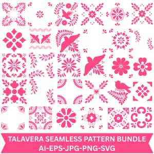 Puede incluir: Una colección de patrones vectoriales de estilo Talavera en color rosa intenso con motivos florales, aves y formas geométricas sobre un fondo blanco. La franja inferior muestra el texto TALAVERA SEAMLESS PATTERN BUNDLE AI-EPS-JPG-PNG-SVG en blanco.