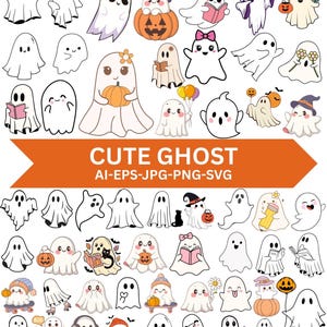 May include: A collection of cute ghost illustrations in various poses and styles. Some ghosts are holding pumpkins, books, or balloons, while others wear hats and bows. The image includes the text "CUTE GHOST" in an orange banner.