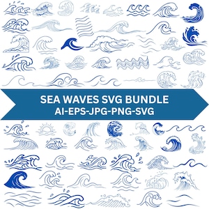 Puede incluir: Una colección digital de ilustraciones de olas marinas azules con varios estilos, incluyendo arte lineal, bocetos y formas sólidas. La banda azul central muestra el texto SEA WAVES SVG BUNDLE AI-EPS-JPG-PNG-SVG en letras mayúsculas blancas.