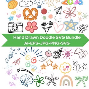 Paquete SVG de garabatos dibujados a mano, arte lineal PNG, imágenes prediseñadas de comida linda, elementos dibujados a mano, elementos vectoriales, flechas, animales, marcos, plantas, elementos de boceto
