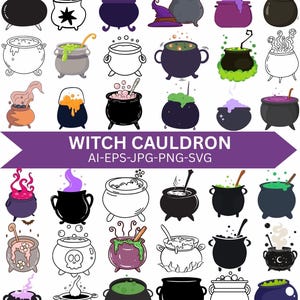 Puede incluir: Colección de calderos de bruja en varios estilos y colores. La imagen incluye calderos con pociones burbujeantes, humo y elementos decorativos. El texto en una pancarta morada dice "Witch Cauldron".
