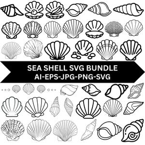 Puede incluir: Una colección de ilustraciones de arte lineal en blanco y negro con varias formas de conchas marinas, incluyendo vieiras, caracolas y conchas espirales. Una banda negra central muestra el texto SEA SHELL SVG BUNDLE AI-EPS-JPG-PNG-SVG.