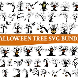 Op de afbeelding: Een verzameling zwarte Halloween-boom silhouetten met verschillende griezelige ontwerpen. Sommige bomen hebben gesneden gezichten, vleermuizen en hangende pompoenen. De tekst "HALLOWEEN TREE SVG BUNDLE" wordt in het oranje weergegeven.
