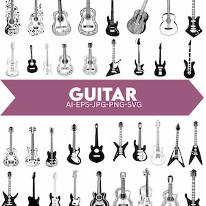 May include: A collection of various guitar illustrations in black and white. The image includes acoustic, electric, and bass guitars, with detailed designs and the word "GUITAR" in a banner.