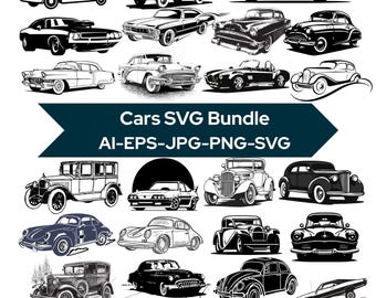 Puede incluir: Colección de ilustraciones de coches en blanco y negro en varios estilos, incluyendo modelos clásicos y vintage. La imagen incluye el texto "Cars SVG Bundle" y opciones de tipo de archivo.